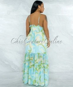 Chic Couture Online Fishel Blue Green Yellow Print Ruffle Maxi Dress JUST IN