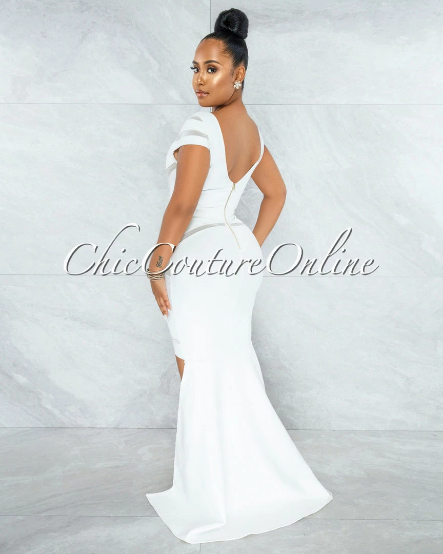 Vendor-unknown JUST IN Martinez Off-White Mesh Stripes Bandage Hi Lo Dress