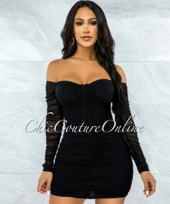 Chic Couture Online Filomena Black Padded Cups Ruched Front Hooks Dress JUST IN