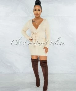 Vendor-unknown Berwin Cream Wrap Tie Cable Knit Dress