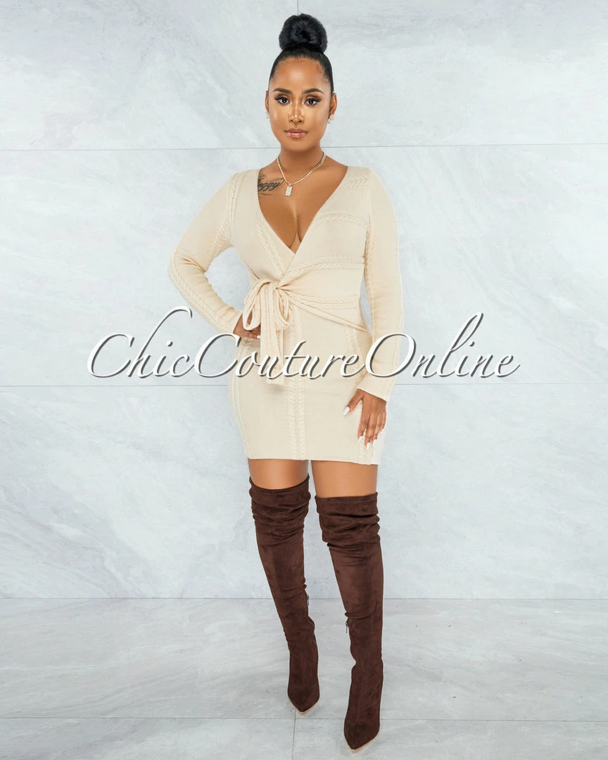 Vendor-unknown Berwin Cream Wrap Tie Cable Knit Dress