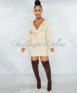 Vendor-unknown Berwin Cream Wrap Tie Cable Knit Dress