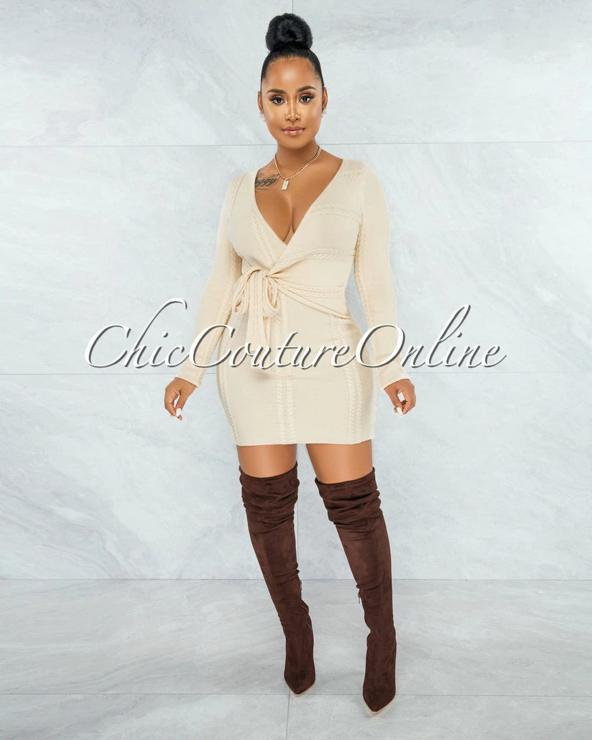 Vendor-unknown Berwin Cream Wrap Tie Cable Knit Dress