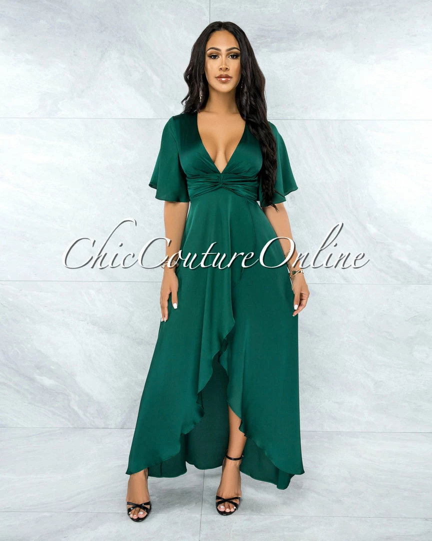 Vendor-unknown JUST IN Jesimiel Hunter Green Drape Dramatic High-Low Slit Dress