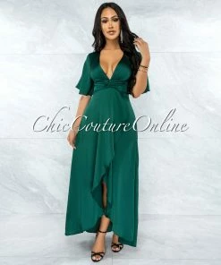 Vendor-unknown JUST IN Jesimiel Hunter Green Drape Dramatic High-Low Slit Dress