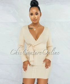 Vendor-unknown Berwin Cream Wrap Tie Cable Knit Dress