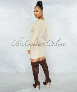 Vendor-unknown Berwin Cream Wrap Tie Cable Knit Dress