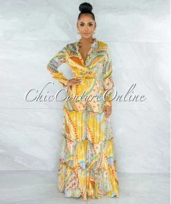Vendor-unknown JUST IN Senga Yellow Multi-Color Print Ruffle Top & Pants Set