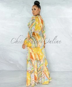 Vendor-unknown JUST IN Senga Yellow Multi-Color Print Ruffle Top & Pants Set