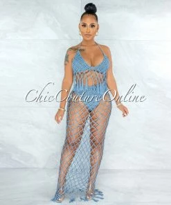Vendor-unknown Rojas Periwinkle Blue Crochet Cover-Up Fishnet Set SWIM