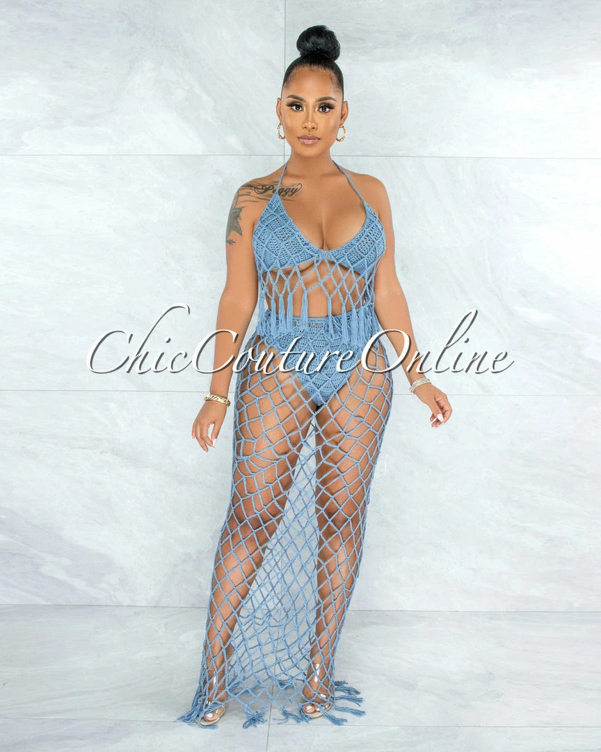 Vendor-unknown Rojas Periwinkle Blue Crochet Cover-Up Fishnet Set SWIM
