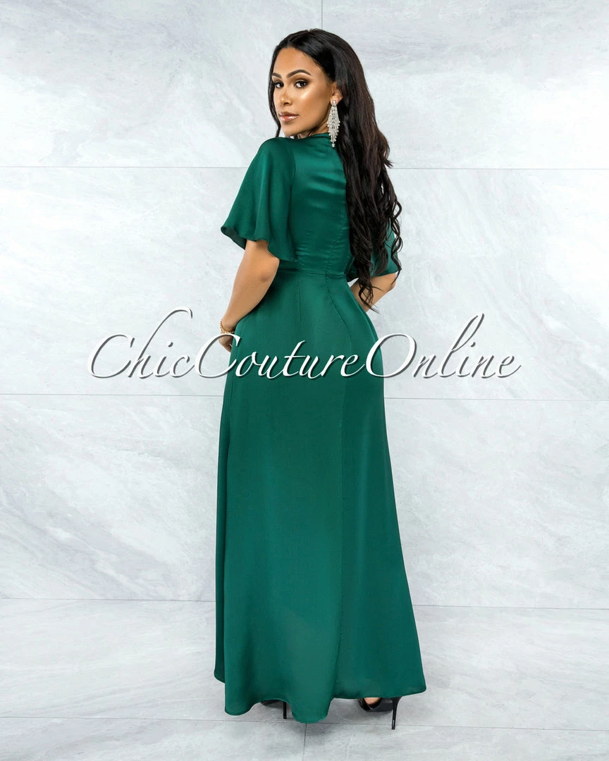 Vendor-unknown JUST IN Jesimiel Hunter Green Drape Dramatic High-Low Slit Dress