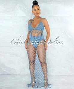Vendor-unknown Rojas Periwinkle Blue Crochet Cover-Up Fishnet Set SWIM