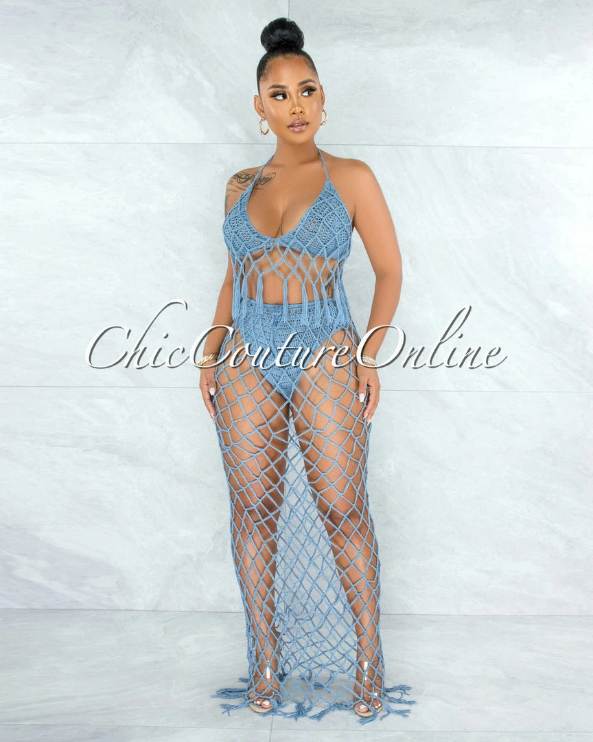 Vendor-unknown Rojas Periwinkle Blue Crochet Cover-Up Fishnet Set SWIM