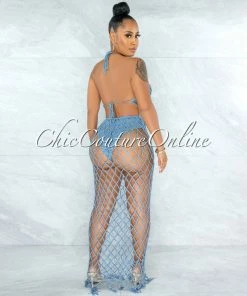 Vendor-unknown Rojas Periwinkle Blue Crochet Cover-Up Fishnet Set SWIM