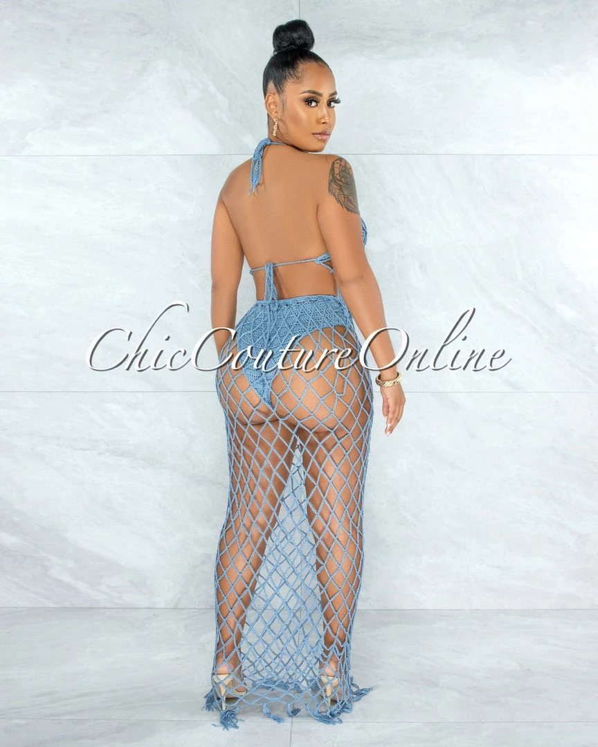 Vendor-unknown Rojas Periwinkle Blue Crochet Cover-Up Fishnet Set SWIM