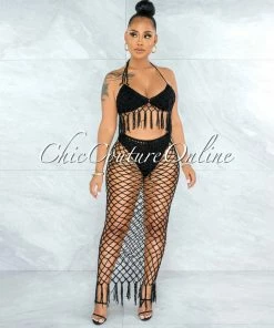 Vendor-unknown Rojas Black Crochet Cover-Up Fishnet Set