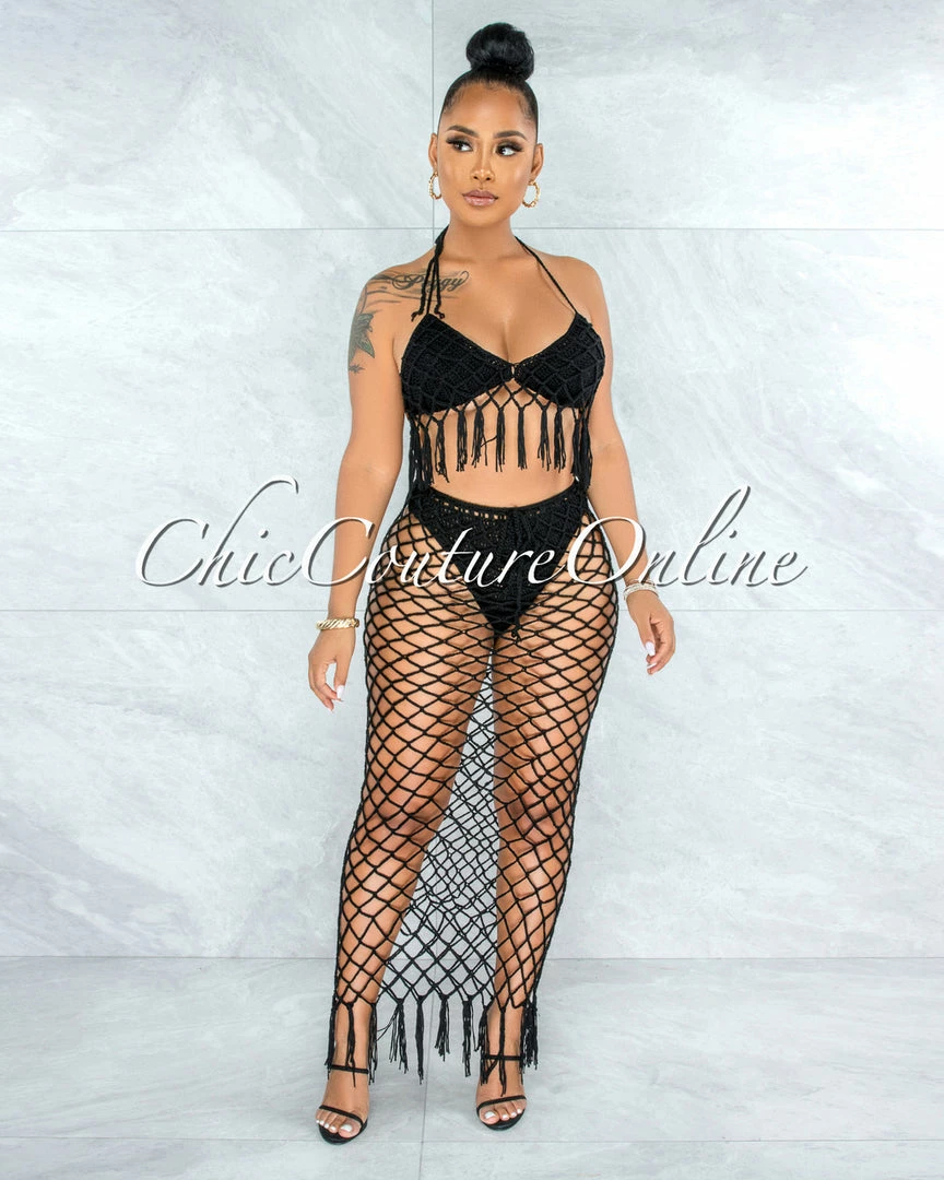 Vendor-unknown Rojas Black Crochet Cover-Up Fishnet Set