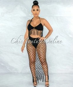 Vendor-unknown Rojas Black Crochet Cover-Up Fishnet Set