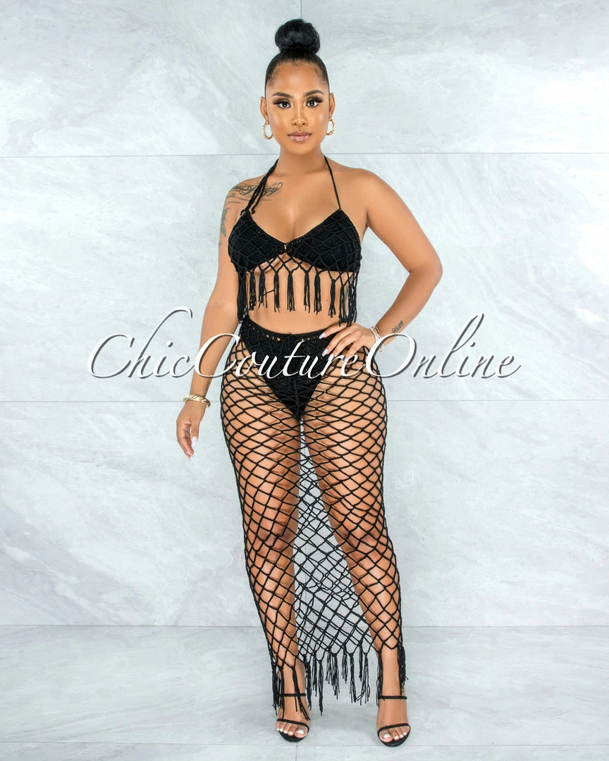 Vendor-unknown Rojas Black Crochet Cover-Up Fishnet Set