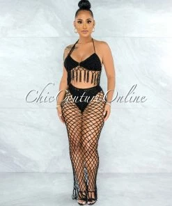 Vendor-unknown Rojas Black Crochet Cover-Up Fishnet Set