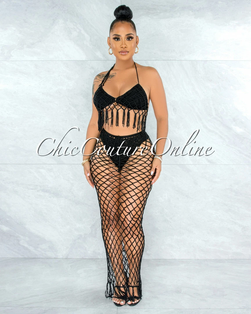 Vendor-unknown Rojas Black Crochet Cover-Up Fishnet Set