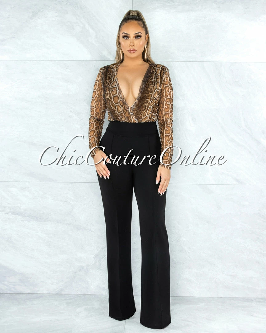 Vendor-unknown Gaby Brown Snake Print Wrap Bodysuit