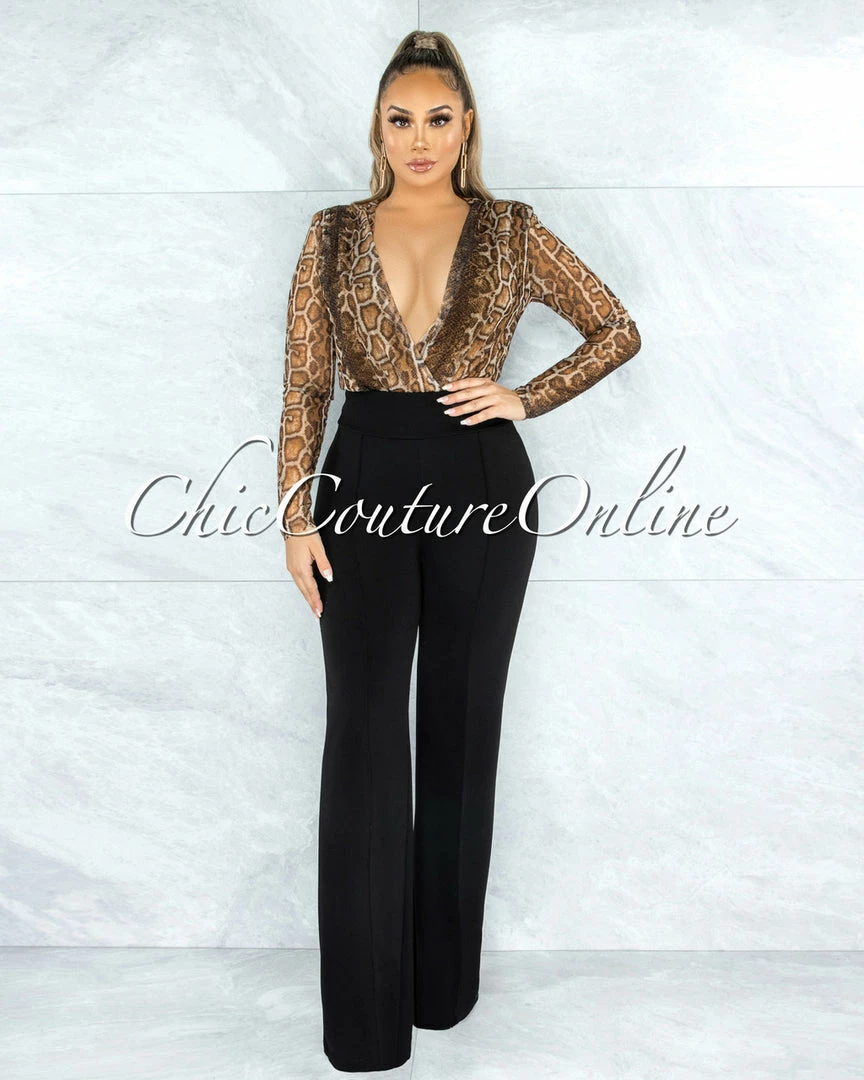 Vendor-unknown Gaby Brown Snake Print Wrap Bodysuit