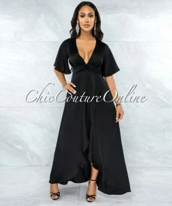 Vendor-unknown JUST IN Jesimiel Black Drape Dramatic High-Low Slit Dress
