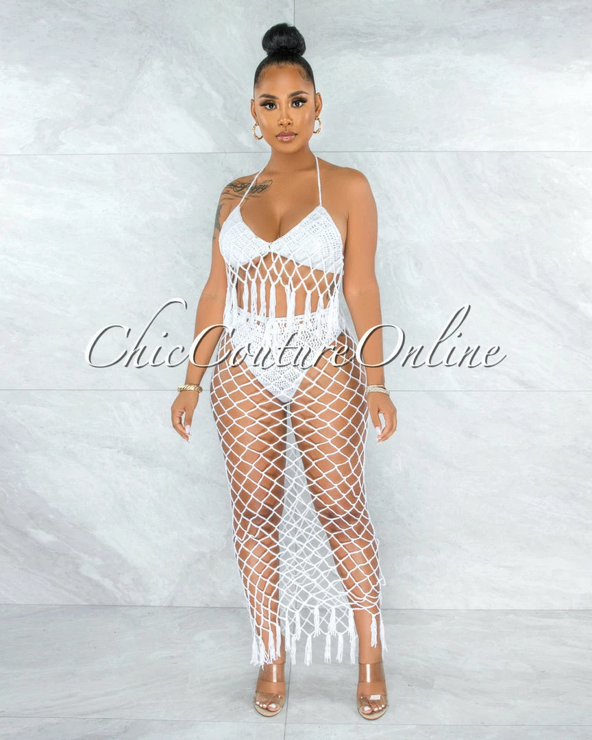 Vendor-unknown Rojas Off-White Crochet Cover-Up Fishnet Set SWIM