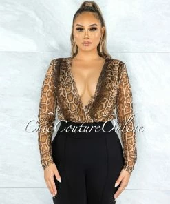 Vendor-unknown Gaby Brown Snake Print Wrap Bodysuit