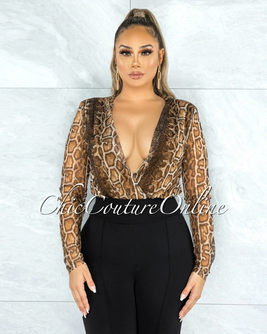 Vendor-unknown Gaby Brown Snake Print Wrap Bodysuit