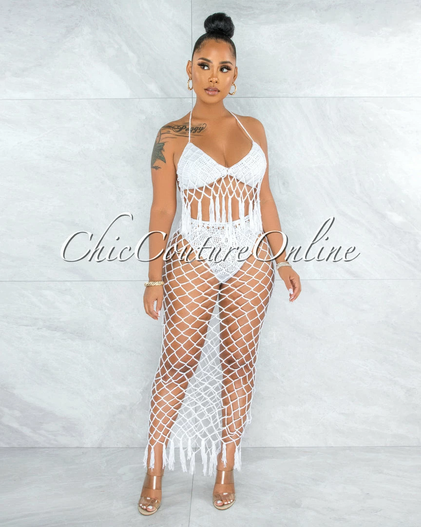 Vendor-unknown Rojas Off-White Crochet Cover-Up Fishnet Set SWIM