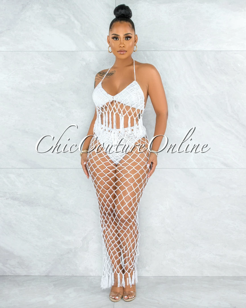 Vendor-unknown Rojas Off-White Crochet Cover-Up Fishnet Set SWIM