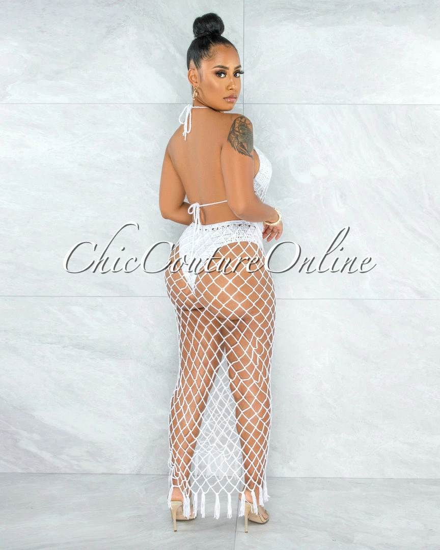 Vendor-unknown Rojas Off-White Crochet Cover-Up Fishnet Set SWIM