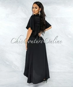Vendor-unknown JUST IN Jesimiel Black Drape Dramatic High-Low Slit Dress
