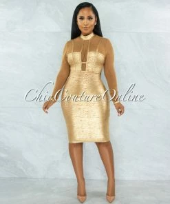 Chic Couture Online Derek Camel Mesh Gold Foil Luxe Bandage Midi Dress