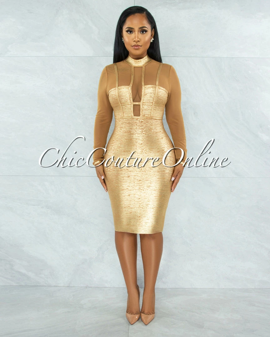Chic Couture Online Derek Camel Mesh Gold Foil Luxe Bandage Midi Dress