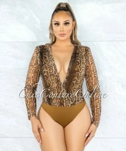 Vendor-unknown Gaby Brown Snake Print Wrap Bodysuit
