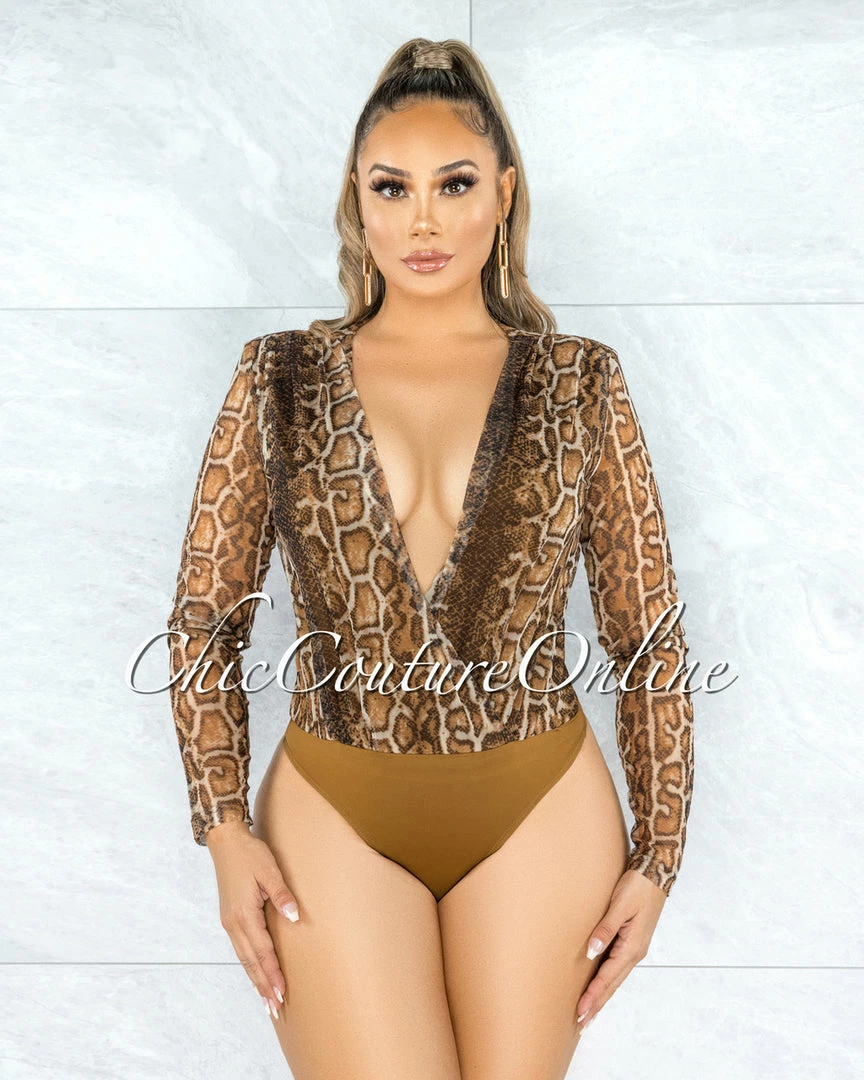 Vendor-unknown Gaby Brown Snake Print Wrap Bodysuit