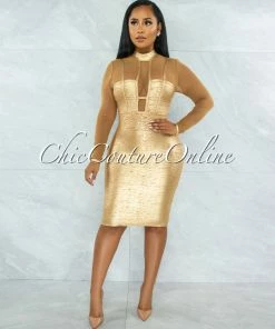 Chic Couture Online Derek Camel Mesh Gold Foil Luxe Bandage Midi Dress