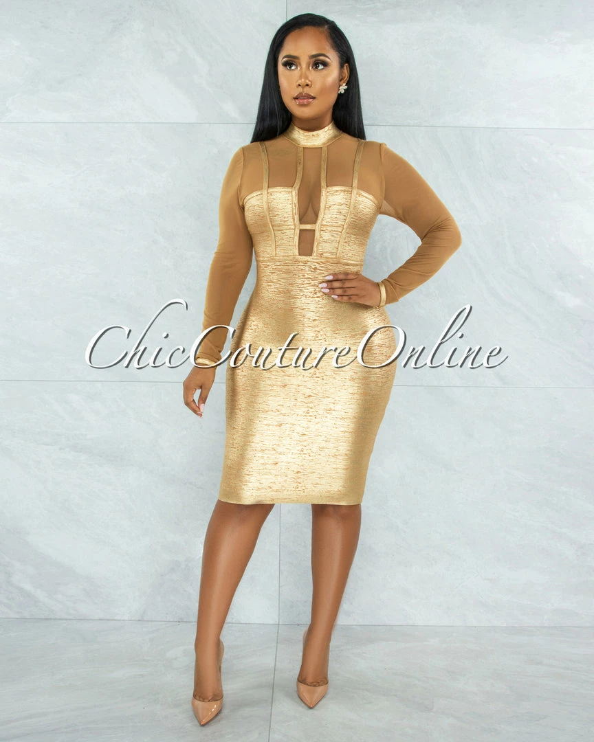 Chic Couture Online Derek Camel Mesh Gold Foil Luxe Bandage Midi Dress