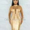 Chic Couture Online Derek Camel Mesh Gold Foil Luxe Bandage Midi Dress