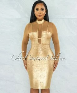 Chic Couture Online Derek Camel Mesh Gold Foil Luxe Bandage Midi Dress