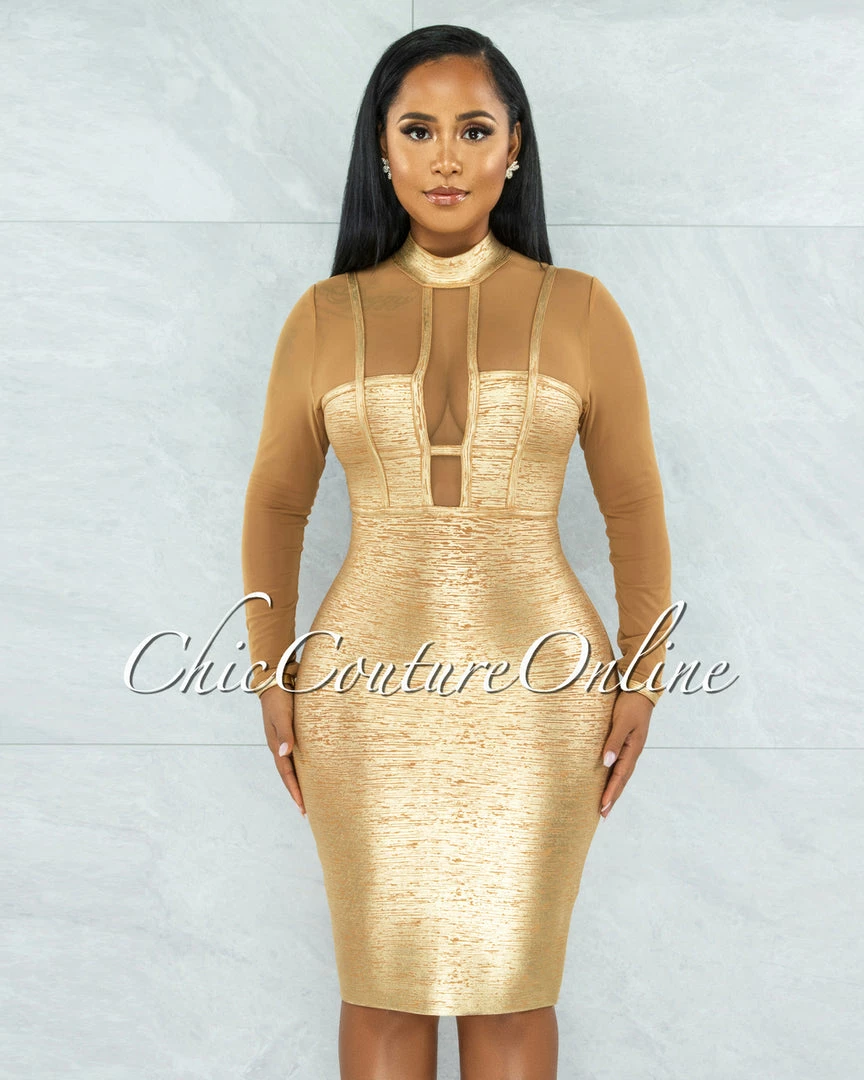 Chic Couture Online Derek Camel Mesh Gold Foil Luxe Bandage Midi Dress