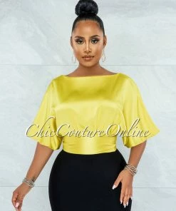 Vendor-unknown JUST IN Barnette Yellow Back Key-Hole Satin Crop Top
