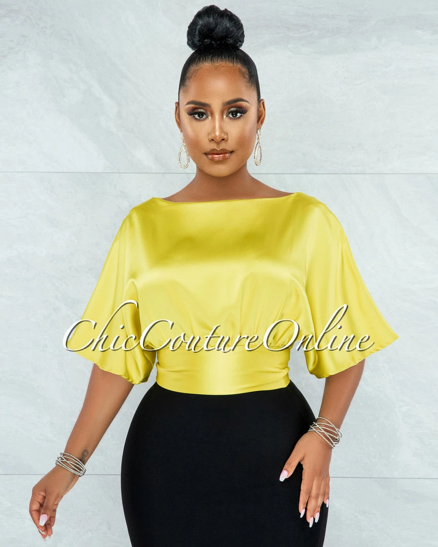 Vendor-unknown JUST IN Barnette Yellow Back Key-Hole Satin Crop Top