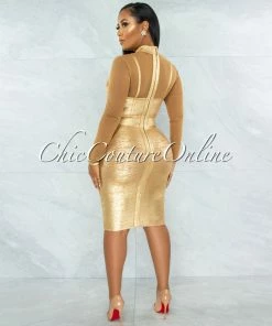 Chic Couture Online Derek Camel Mesh Gold Foil Luxe Bandage Midi Dress