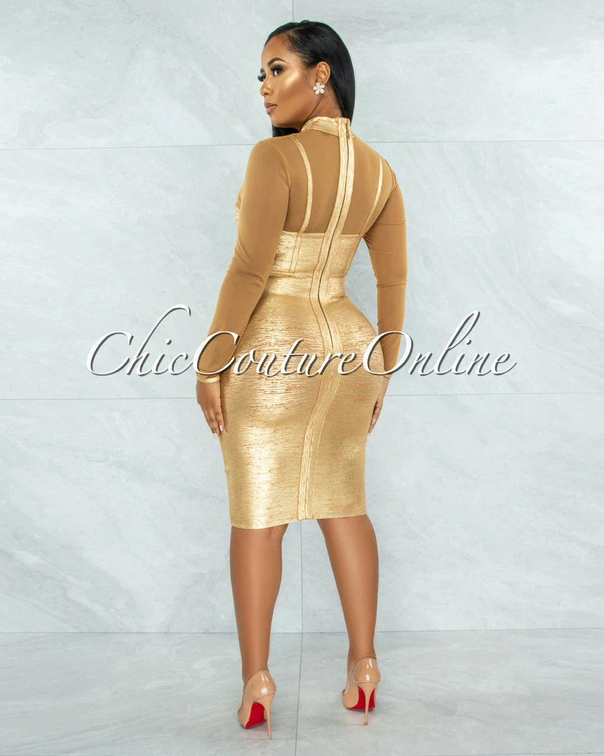 Chic Couture Online Derek Camel Mesh Gold Foil Luxe Bandage Midi Dress