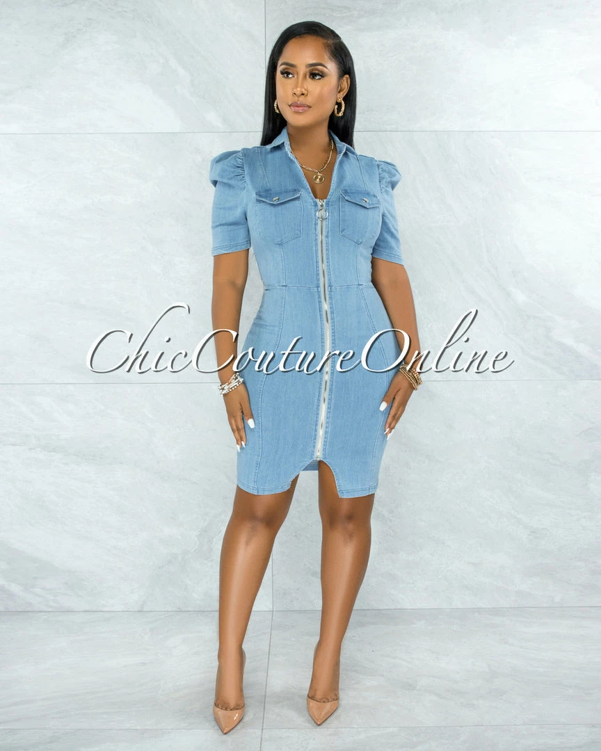 Vendor-unknown Manville Light Denim Puffy Sleeves Dress